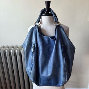 Sabina Blue Patina Leather Giant Hobo Bag Double Handle Multi Pockets